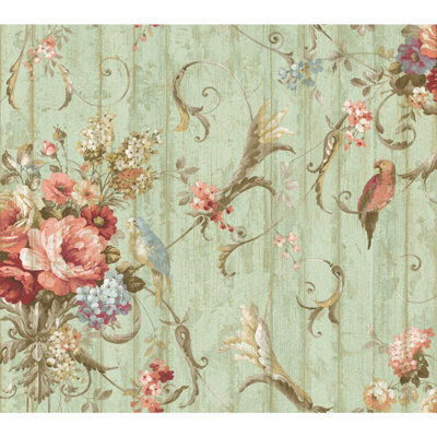 Fine Décor York Premium Ha1326 Parrots With Floral Bouquets WallpaperBlue from B&Q