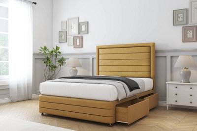 Comfort Anna Mustard Plush Divan Bed Base 2 Drawers Left Side54" Floor Standing  & 12" Footboard 4'6 Double from B&Q