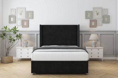 Comfort Madrid Black Plush Divan Bed Set No Drawers54" Wingback 4'6 Double from B&Q