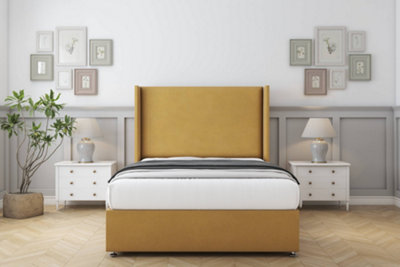 Comfort Madrid Mustard Plush Divan Bed Set No Drawers54" Wingback 4'6 Double from B&Q