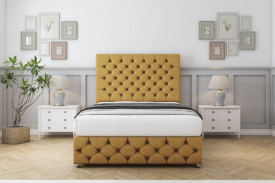 Comfort Florida Mustard Plush Divan Bed Set 2 Drawers Left Side26" Strutted & 12" Footboard 4'6 Double from B&Q
