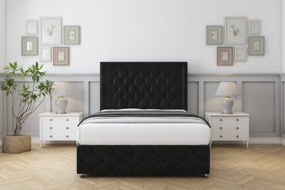 Comfort Winchester Black Plush Divan Bed Set 2 Drawers Right Side26" Strutted & 12" Footboard 4'6 Double from B&Q