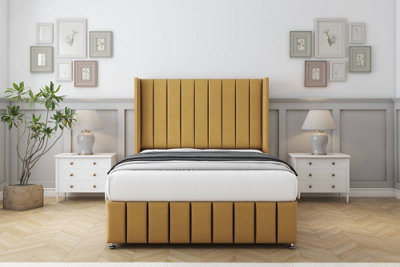 Comfort Serena Mustard Plush Divan Bed Set No Drawers54" Wingback & 12" Footboard 4'6 Double from B&Q