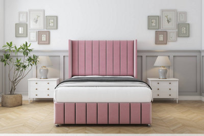 Comfort Serena Pink Plush Divan Bed Set No Drawers54" Wingback & 12" Footboard 4'6 Double from B&Q
