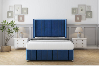 Comfort Serena Navy Plush Divan Bed Set 2 Drawers Foot-End54" Wingback & 12" Footboard 4'6 Double from B&Q