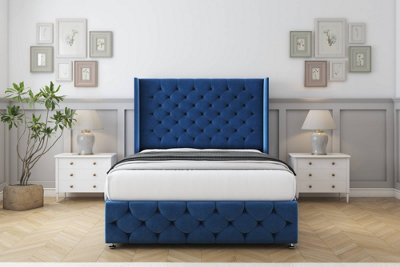 Comfort Emily Navy Plush Divan Bed Set No Drawers54" Wingback & 12" Footboard 4'6 Double from B&Q