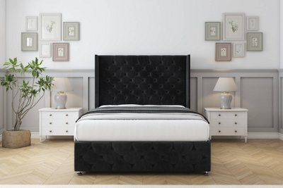 Comfort Emily Black Naples Divan Bed Set No Drawers54" Wingback & 12" Footboard 4'6 Double from B&Q