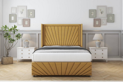 Comfort Sunrise Mustard Plush Divan Bed Set 2 Drawers Foot-End54" Wingback & 12" Footboard 5' King from B&Q