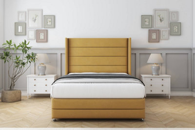 Comfort Milano Mustard Plush Divan Bed Set No Drawers54" Wingback & 12" Footboard 2'6 Small Single from B&Q