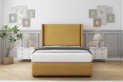 Comfort Ayla Mustard Plush Divan Bed Set No Drawers54" Wingback & 12" Footboard 4'6 Double from B&Q