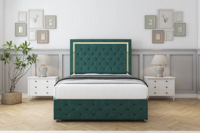Comfort Sofia Gold Emerald Plush Divan Bed Set No Drawers26" Strutted & 12" Footboard 3' Single from B&Q