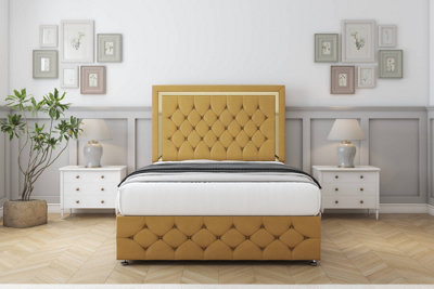 Comfort Sofia Gold Mustard Plush Divan Bed Set 2 Drawers Left Side54" Floor Standing & 12" Footboard 4'6 Double from B&Q