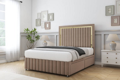 Comfort Boston Gold Mink Plush Divan Bed Set 2 Drawers Left Side26" Strutted & 12" Footboard 4'6 Double from B&Q
