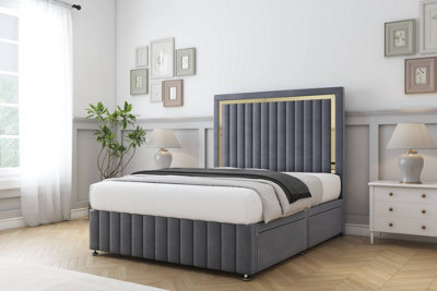 Comfort Boston Gold Steel Plush Divan Bed Set 2 Drawers Right Side26" Strutted & 12" Footboard 4'6 Double from B&Q