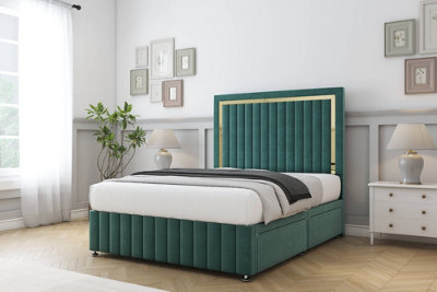 Comfort Boston Gold Emerald Plush Divan Bed Set 2 Drawers Right Side26" Strutted & 12" Footboard 4'6 Double from B&Q