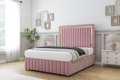 Comfort Boston Gold Pink Plush Divan Bed Set 2 Drawers Foot-End26" Strutted & 12" Footboard 4'6 Double from B&Q