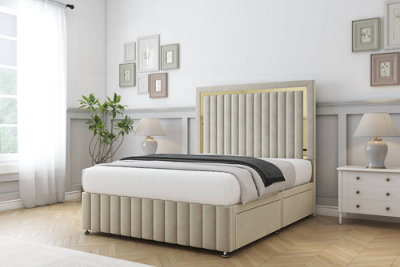Comfort Boston Gold Cream Plush Divan Bed Set 2 Drawers Left Side54" Floor Standing & 12" Footboard 4'6 Double from B&Q