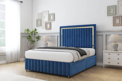 Comfort Boston Gold Navy Plush Divan Bed Set 2 Drawers Left Side54" Floor Standing & 12" Footboard 4'6 Double from B&Q
