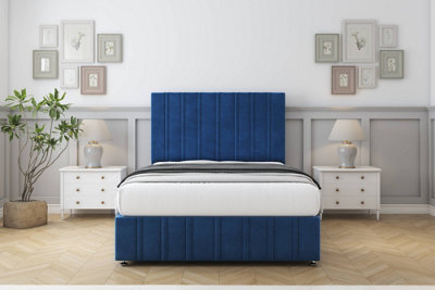 Comfort Lorenzo Navy Plush Divan Bed Set 2 Drawers Right Side26" Strutted & 12" Footboard 2'6 Small Single from B&Q