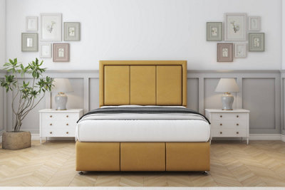 Comfort Savoy Mustard Plush Divan Bed Set 2 Drawers Left Side26" Strutted & 12" Footboard 3' Single from B&Q