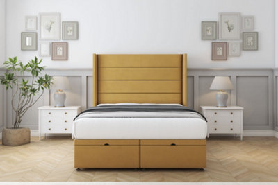 Comfort Milano Mustard Plush Ottoman Bed Base With 54" Wingback Headboard 5' King from B&Q