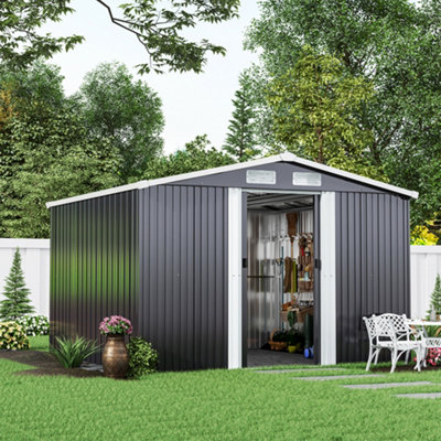 Living And Home 8 X 8 Ft Metal Shed Garden Storage Shed Apex Roof Double Door With Base Foundation, Charcoal Black