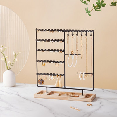 Living And Home Sleek Black Jewelry Display Stand With Divided Wooden Base from B&Q