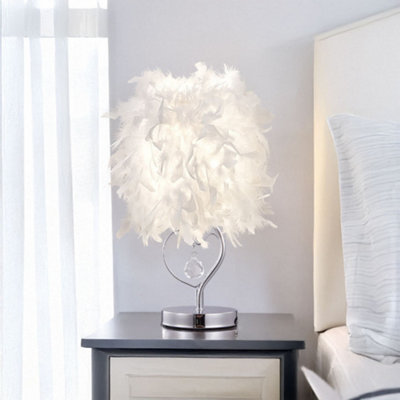 B&Q -  E27 Modern White Feather Lampshade Table Lamp Bedside Fixture DecorWarm Light