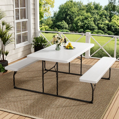 B&Q -  White Foldable Picnic Table Bench Set With Parasol Hole Portable Camping Trestle Table Chairs 6 Seater