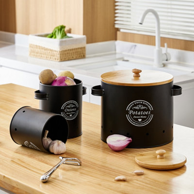 Thehotsale Kitchen Storage Bin Set For Potato Onion And Garlic With Peeler Vegetable Fresh Keeper Black from B&Q