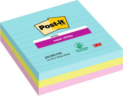 Stikatak Post-It Super Sticky Large NotesCosmic CollectionLined101 mm X 101 mm90 Sheets/pad3 PadsSelf-Stick Notes For Note from B&Q