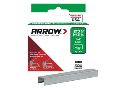 Arrow A214 Jt21 T27 Staples 6mm (1/4In) (Box 1000) Arrjt2114S from B&Q