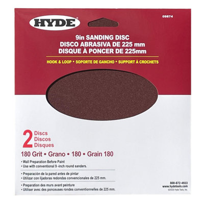 B&Q -  Hyde 09874 9"/225mm Wall Sanding Discs Hook & Loop 180 Grit 2 Pack