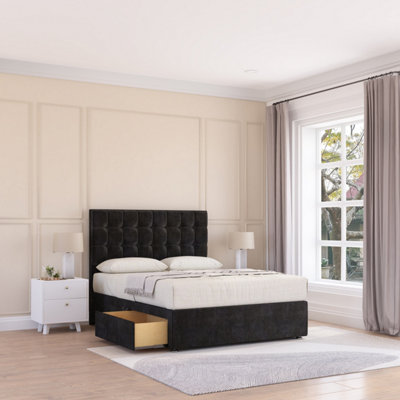 Sloomy 4Ft6  Alabama Divan Bed Base Black Plush ,4 Drawers & 54" Floor Standing HeadboardDouble from B&Q