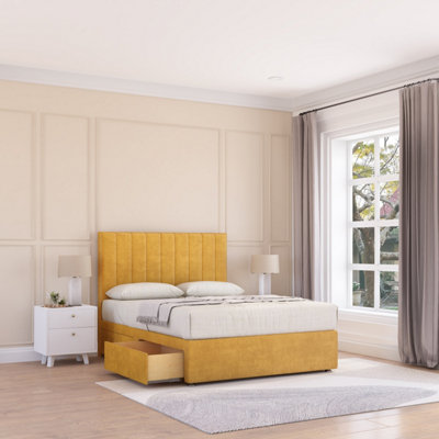Sloomy 4Ft Kansas Divan Bed Base Mustard Plush ,2 Drawers & 26" Struts HeadboardSmall Double from B&Q