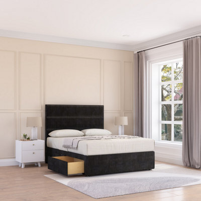 Sloomy 6Ft Texas Divan Bed Base Black Plush ,2 Drawers & 26" Struts HeadboardSuper King from B&Q