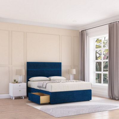 Sloomy 6Ft Texas Divan Bed Base Navy Plush ,2 Drawers & 26" Struts HeadboardSuper King from B&Q