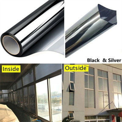  - 70X500Cm Black Sliver Mirror Reflective One Way Mirror Window Film Privacy Glass Solar Tint