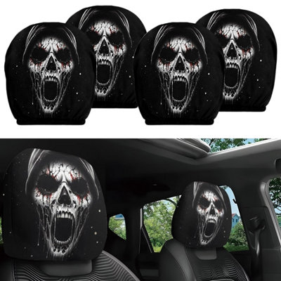 B&Q 4X Screaming Skull Headrest Covers Halloween Scary Face Printing Auto Seat Universal