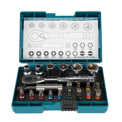 Makita B-54081 Screw Bit & 1/4" Hex Ratchet Socket Set - 21 Piece