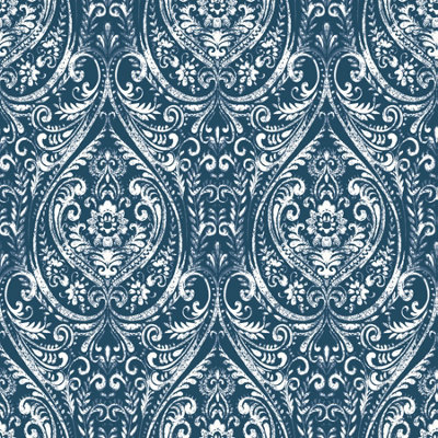 Nuwallpaper Nu1689 Bohemian Damask Peel & Stick WallpaperIndigo from B&Q