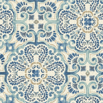 Nuwallpaper Nus2235 Florentine Tile Peel & Stick WallpaperBlue from B&Q