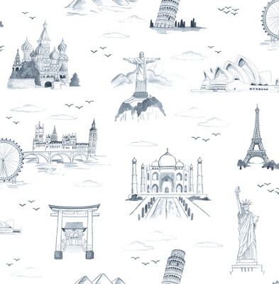 Nuwallpaper Nus4553 Landmark Travelers Toille Novelty Peel & Stick WallpaperNavy from B&Q