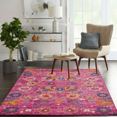 Fuchsia Floral Luxurious Traditional Abstract Rug For Dining Room-114Cm X 175Cm from B&Q