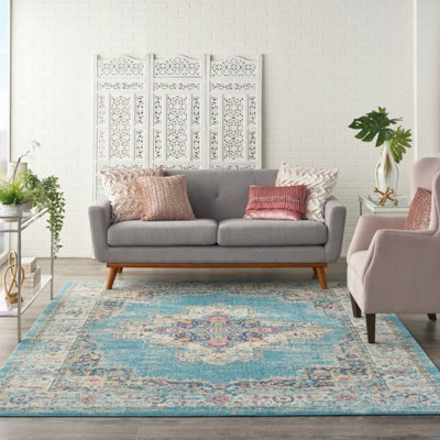 Light Blue Floral Luxurious Traditional Persian Dining Room Rug-201Cm X 290Cm from B&Q
