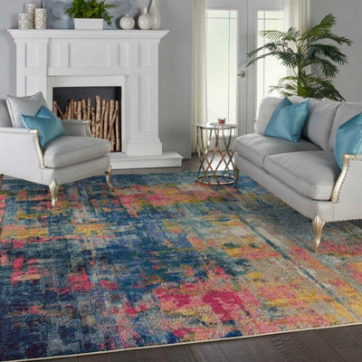 Blue/yellow Modern Easy To Clean Abstract Graphics Rug For Dining Room-201Cm X 292Cm from B&Q