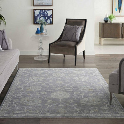Charcoal Bordered Floral Traditional Persian Rug For Bedroom & Living Room-69Cm X 310Cm (Runner) from B&Q