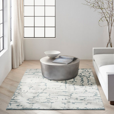 B&Q Ivory Teal Abstract Handmade Luxurious Modern Wool Rug For Bedroom & Living Room-236Cm X 297Cm