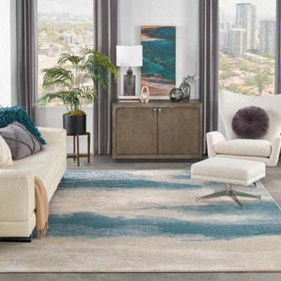 Ivory Teal Luxurious Abstract Modern Easy To Clean Rug For Dining Room Bed Room And Living Room-66 X 229Cm (Runner) from B&Q