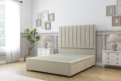 Sloomy Kansas Cream Plush Divan Bed Base No Drawers With 26" Strutted Headboard 4'6 Double from B&Q